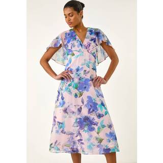 Roman Roman Purple Floral Print Cape Back Midi Dress