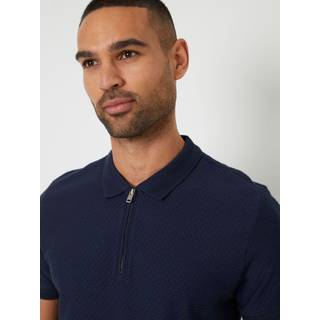 Threadbare Threadbare Navy Textured Quarter Zip 100% Cotton Polo Shirt