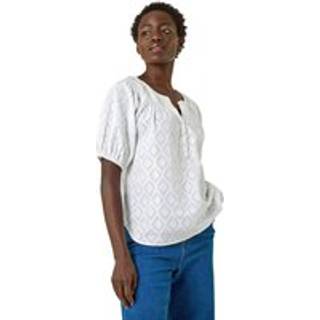 Roman Roman White Shirred Neck Textured 100% Cotton Top