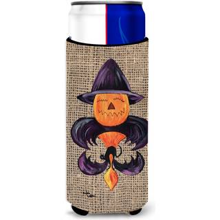 Halloween gr?skar og flagermus Fleur de lis p? Faux Burlap Ultra Beverage Isolatorer til slanke d?ser 8748MUK
