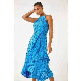 Roman Roman Blue Spot Print Frill Hem Halter Dress