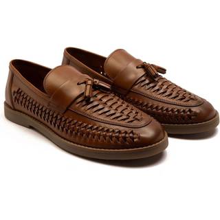 Off The Hook Off The Hook Dark Brown Tiger Tassel Suede Leather Slip-On Loafers with Woven Detail