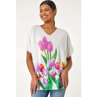 Roman Roman White Tulip Motif V-Neck Stretch Top