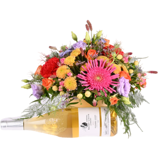 Glad farverig blomsteræske med vin