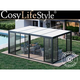 Bioklimatisk pergola pavillon /Havepavillon San Pablo med skydedøre, 4x5,8m, Sort/Hvid