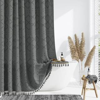Dynamene Charcoal Grey Fabric Brousing Gardin Boho tuftet geometrisk stribet kvast bruseforhæng til badeværelse lurvet chic tekstureret bondegård