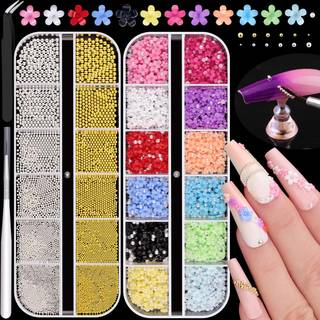 Metal negleperler (sølv?) og farverige 3D -blomster til neglekunst halvt flatback perler (hvid) Blossom Pearl Nail Charms og runde kaviarperler t