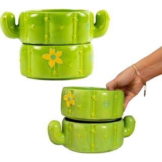 Cactus Pet Bowl - Cute Ceramic Food & Water Bowl Set til katte og hunde med aftagelig opvaskemaskine -sikker rustfrit stålindsats - Sæt på 2