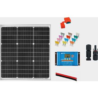 Solcellepakke til fast installation Juni Solar Junction Box, 60 W, monokrystallin, hård, 12 V, med aluminiumsramme, 570 x 530 x 25 mm, med PWM-regulator (10 amp) + kabler + sikringsholder &amp; sikring