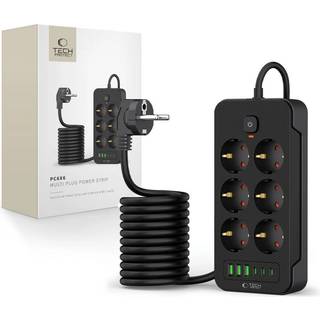 Tech-Protect PC6X6 Strømstik - 3 USB-A, 3 USB-C, 6 stikkontakter med 200cm kabel - Sort