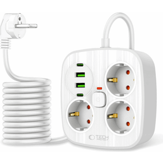 Tech-Protect PCS3X4 Stikdåse - 3 AC-udtag, 2 USB-A- og 2 USB-C-porte, 2m kabel - hvid