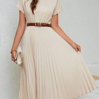 TEMU Elegant Beige Pleated Midi Dress Without Belt For Women - Short Sleeve, Round Neck, A-line Silhouette, Spring/summer/fall