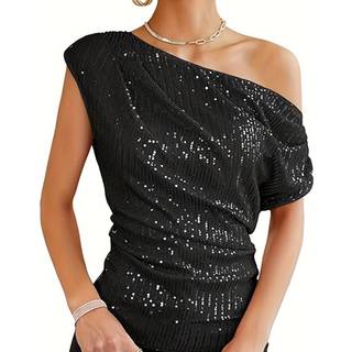 TEMU One-shoulder Sequin Knit Top With Asymmetrical Neckline And Ruched Bust