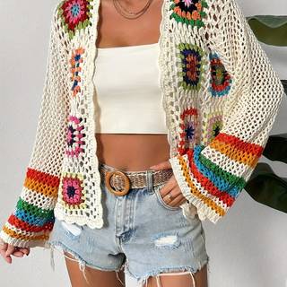 TEMU Floral Crochet Open Front Cardigan, Vacation Bell Sleeve Hollow Out Cardigan For Spring & Fall, Women's Clothing