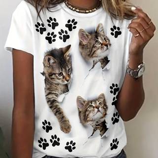TEMU Cute Cat Paw Print T-shirt, Casual Crew Neck Short Sleeve T-shirt For , Women's Clothing