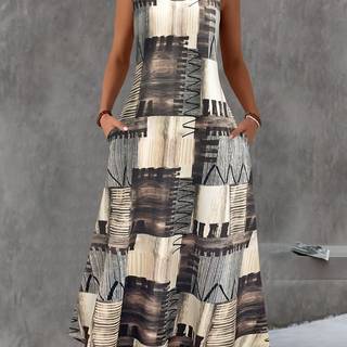 TEMU Elegant Summer Sleeveless Vest Dress For Women, Polyester Knit Fabric With Print, Crew Neck Casual Dress With Pockets, Fashionable Round Neck Pocket Dress