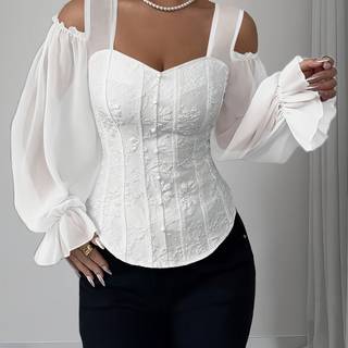 TEMU Elegant Off-shoulder Floral Jacquard Blouse With Lantern Sleeves - Square Neck, Machine Washable, Non-sheer - Perfect For Spring & Fall, Women's Fashion Top, Floral Print Blouse