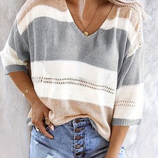 TEMU Women's Casual V-neck Sweater - Half Sleeve Top With Color , Lightweight & Breathable For Spring/summer, Casual Attire, Striped Pattern, Hollow Details, Sweate