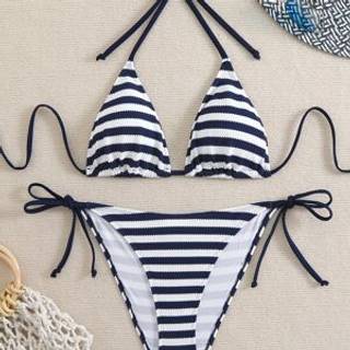 TEMU New And White Striped Print Sexy Tie Style Women's Bikini Set