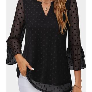 TEMU Women's Floral Print Blouse - Black V-neck, 3/4 Sleeve, Layered Ruffle Top With Contrast Mesh Detail, Casual To Semi-formal, Spring/summer , Casual Attire|floral Print Top| Blouse