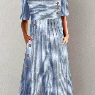 TEMU New Summer Round Neck Striped Pocket Short Sleeve Dress For Women, Casual And Elegant