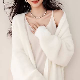 TEMU 2025 Autumn/winter New Arrival Mid-length Buttonless Outerwear, Women's Fashion Korean Style Petite Lazy Look Mink Soft White Cardigan