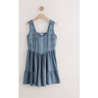 Next Washed Indigo Blue Embroidery Corset Waist Mini 100% Cotton Dress - 16
