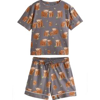 Next Charcoal Grey Hamish The Highland Cow 100% Cotton Short Set Pyjamas