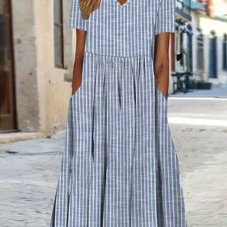 TEMU Women's Casual Blue And White Striped V-neck Short Sleeve Dress - Lightweight Summer Style With Flowing Skirt, , Vacations, And Casual Attire