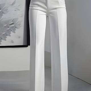TEMU Women's Elegant White Wide-leg Pants - Straight Leg Trousers With Button Closure, Formal & Everyday Pants For Office, Parties