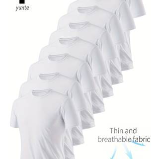 TEMU [popular ] 8pcs Men'-light White T-shirts - Quick Dry, Breathable & Sweat-wicking For Gym, Running & Fitness | Comfortable Polyester Crew Neck Tees