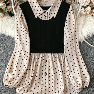 TEMU Women's Elegant Polka Dot Lapel Collar Shirt, 100% Polyester Woven Fabric, 120g/m², Spring/summer Season, Adult Size