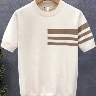 TEMU Men's Block Knit T-shirt, Beige & Brown Striped Short Sleeve, Round Neck, High-stretch Ribbed Detail, , Everyday , Nontransparent Fabric