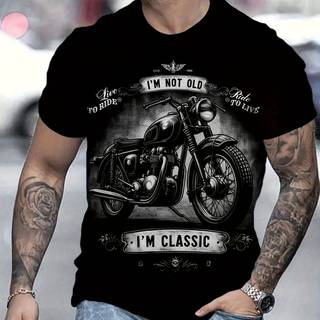 TEMU Summer Casual Men's 3d Digital Retro Motorcycle Pattern And " Old I'" Print Short Sleeve Crew Neck T-shirt, Father's Day Gift - Boyfriend Gift--stylish Summer Top For Outdoor Activities