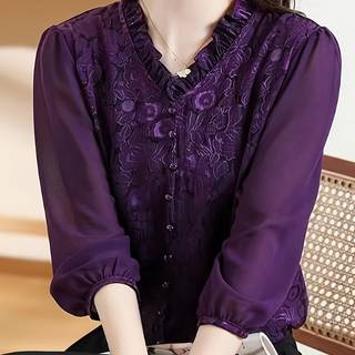 TEMU Elegant Purple Floral V-neck Blouse With Sleeves And Button Detail - Stylish Summer Top For Women, Casual Or Formal Occasions, Ladies Blouses