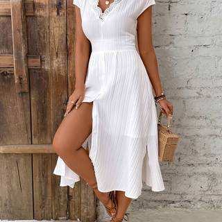 TEMU Elegant V-neck Lace Textured Midi Dress For Women - Short Sleeve, Button-up Front, Ribbed Waist, Weddings & Date Nights, Chic Spring/summer/fall Attire, Wedding Dress