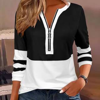 TEMU Women' Black And Block V-neck Long Sleeve T-shirt With Zipper Detail - Casual Yet Elegant, Spring And Fall, Casual Wear| Tee|zipper Detai