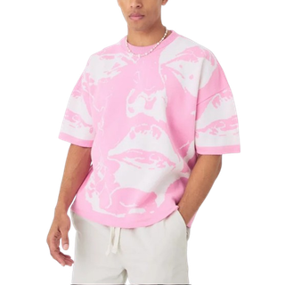 Mens Pink Oversized Line Drawing Knitted T-shirt