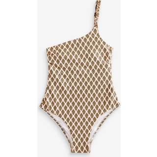 Next Khaki Green/Cream Foil Woodblock One Shoulder Tummy Control Swimsuit