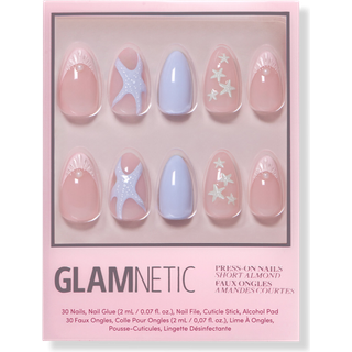 Glamnetisk tryk p? negle - Salte b?lger | Korte Mandel S?stjerne Fake Negle med 3D Nail Art Salon Kvalitet Sommer Negle | 15 st?rrelser - 30 negl