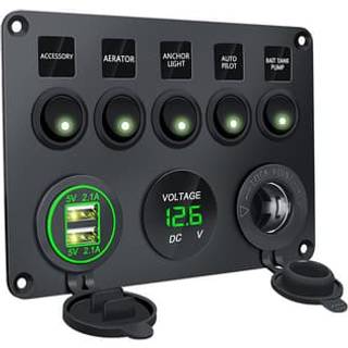 Strømafbryderpanel - 5 kontakter, voltmeter, 2 USB-strømudtag Sort + Grøn