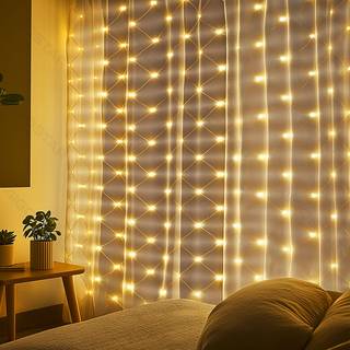 3AA Batteri LED net Lyskæde, Varm Hvid, 3M+3M*1.5M - 200 LED, Transparent Ledning, 8 Blinkfunktioner + Timer, IP44