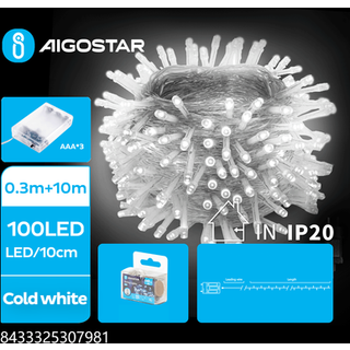 10m batteri kold hvid LED lyskæde - 100 LED, transparent ledning