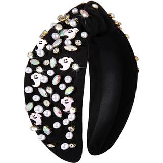 Mokkia Halloween pandebånd til kvinder Crystal Pearl Knotted Peadbands Beaded Boo Pumpkin Candy Corn pyntet bredt øverste knude hovedbånd Hallowe