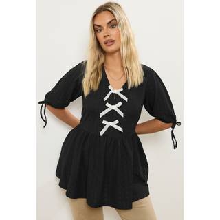 Yours Curve Yours Curve Black Puff Sleeve Bow Peplum Top