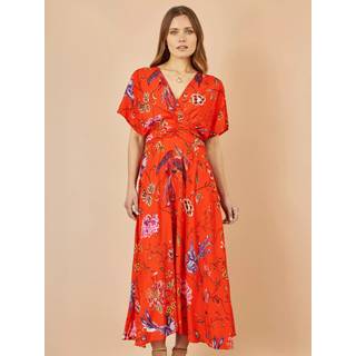 Yumi Yumi Orange Viscose Bird and Floral Print Kimono Midi Dress