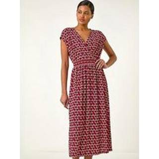 Roman Roman Red Geo Print V-Neck Stretch Midi Dress