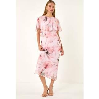 Roman Blomster Tryk Frill Chiffon Cape Midi Kjole48