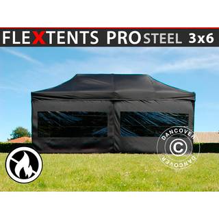 Foldetelt FleXtents Easy up pavillon PRO Steel 3x6m Sort, Brandhæmmende, inkl. 6 sider