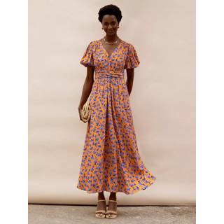 Ro & Zo Ro & Zo Orange Petite Floral Puff Sleeve Dress - EU 42 (UK 14)